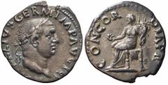 Impero Romano Roma, Vitellio, Denario, 69, Ag (3,05g x 18mm); D/ A VITELLIVS GERM IMP AVG TR P; testa laureata. R/ CONCOR - DIA PR; la Concordia con patera e cornucopia. RIC 90; BMC 20 – Non Comune – 