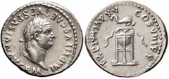 Impero Romano Roma, Tito, Denario, 80, Ag (3,56g x 19mm); D/ IMP TITVS CAES VESPASIAN AVG P M; testa laureata. R/ TR P IX IMP XV COS VIII P P; tripode con sopra un delfino. RIC 128; BMC 79. Ritratto s
