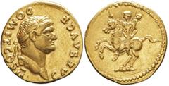 Impero Romano Roma, Domiziano, Aureo, 73-75, Au (7,15g x 19mm); D/ CAES AVG F DOMIT COS II; testa laureata. R/ Domiziano, a cavallo, con scettro. RIC 679. Bel ritratto; ottima centratura; tondello reg