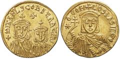 Bizantine Costantinopoli, Teofilo, Michele III e Costantino, Solido, 830-840, Au (4,37g x 19mm); D/ +MIXAHL S CONSTANTIn'; Michele II e Costantino; in alto, una croce. R/ ΘEOFI - LOS bASILE ' Θ; Teofi