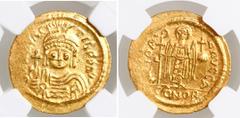 Ancient Coins Byzantine Empire, AV solidus, Maurice Tiberius, 582-602 AD, Constantinople mint, NGC MS, strike 4/5, surface 4/5. DOC 5; MIBE 6; SB 478. 4.50 grams. DN MAVR TIB PP AVG, helmeted, draped,