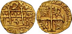Gold Cobs of the New World PERU, Lima, gold cob 2 escudos, 1748 R, very rare, NGC MS 65, finest and only example in NGC census, ex-Caballero, ex-Almenara. S-L31; Cal-637; Fr-14; KM-46. 6.67 grams. Lus
