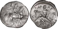 Ancient and Medieval ANCIENT GREEK, Calabria, Taras, AR didrachm, 302-280 BC, NGC XF. Vlasto 691; SNG ANS 1065; HN Italy 966. Nude, helmeted warrior on horseback right, holding spear in right hand and