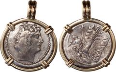 Coin Jewelry ANCIENT ROMAN, Roman Republic, Rome mint, AR didrachm, Anonymous, 225-212 BC, Janus / Jupiter in quadriga, mounted bust-side out in 14K gold pendant with fixed bail. Crawford-28/3; RBW-63