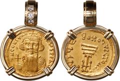 Coin Jewelry BYZANTINE EMPIRE, Constantinople mint, AV solidus, Constans II, 641-668 AD, mounted bust-side out in 18K gold pendant with fixed bail and diamonds. Sear 956. 9.21 grams total. Crowned and