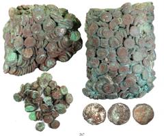 Large clump (in two parts, with some loose coins) of 2000(+/-) billon Roman-Egyptian provincial tetradrachms. 16900 grams total, approx. roughly 15" x 9" 5" overall. An impressively large conglomerati