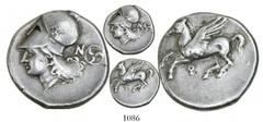 Corinth, Corinthia, AR stater, ca. 345-300 BC, "pegasus." Pegasi 383; Ravel 1065; BCD Corinth 126. 8.53 grams. Pegasos flying left / Helmeted head of Athena left; behind, N and triskeles of crescents 