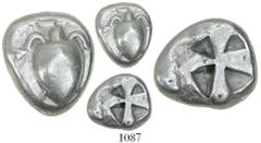 Islands off Attica, Aegina, AR stater, ca. 525-480 BC, "sea turtle." Meadows-Aegina, group 11b; HGC-6, 429. 12.36 grams. Sea turtle / Incuse square with mill-sail pattern. Interesting flan that mirror