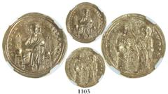 Byzantine Empire (Constantinople mint), AV histamenon nomisma, Romanus III (1028-34), encapsulated NGC Ch AU Strike 5/5 Surface 4/5, ex-Dimitriadis. DOC 1d; Sear 1819. Christ Pantokrator enthroned fac