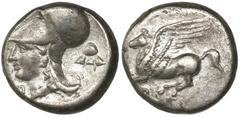 Corinth, Corinthia, AR stater, ca. 375-300 BC, "pegasus." Pegasi 402; BCD Corinth 115. 8.2 grams. Pegasos flying left / Helmeted head of Athena left; A below chin, Thessalian helmet behind. Decent cen