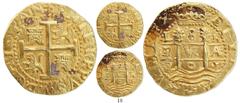 Gold Cobs Lima, Peru, cob 8 escudos, 1701H, Philip V, extremely rare, from the 1715 Fleet. S-L25a; KM-38.1. 26.95 grams. Almost round, evenly struck and perfectly centered, this would be an exceptiona