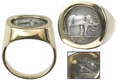Coin Jewelry Roman Republic, AR denarius, Julius Caesar, military mint traveling with Caesar, ca. 49 BC, mounted elephant-side up in 14K gold men's ring (size 10). 14.18 grams total. Full elephant and