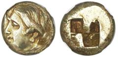 Ancient Coins Ionia, Phocaea, electrum hecte, 387-326 BC, NGC Choice XF, strike 3/5 surface 4/5. Bodenstedt 96; Fr-427. 2.57 grams. Female head / quadripartite incuse square. NGC #4372896-009.