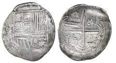 Shipwreck Coins Potosi, Bolivia, cob 2 reales, Philip II, assayer A, Grade 1, ex-Atocha Research Collection. S-P11; KM-3.2; CT-508. 6.30 grams. This coin could pass for non-salvage, as it is entirely 