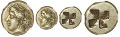 Ancient Coins Ionia, Phocaea, electrum hecte, 477-388 BC, NGC Choice XF, strike 5/5 surface 4/5. Bodenstedt 94. 2.53 grams. Female head left with hair pulled back in low bun behind ear / Four-part inc