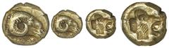 Ancient Coins Lesbos, Mytilene, electrum hecte, 521-478 BC, ram head, NGC XF, strike 4/5 surface 3/5. Bodenstedt 16. 2.55 grams. Head of ram right; cock below / Incuse head of roaring lion, punch behi