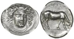 Ancient Coins Thessaly, Larissa, AR drachm, 400-365 BC, NGC Choice AU, strike 4/5 surface 4/5. BCD Thessaly II 225. 5.97 grams. Head of nymph Larissa facing slightly right, wearing ampyx, pendant earr