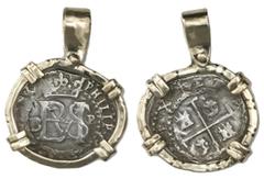Coin Jewelry Potosi, Bolivia, cob 1/2 real, Philip II, assayer B (5th period) to left, mintmark P to right, borders of x's, mounted monogram-side out in 14K gold bezel with shackle bail. 4.63 grams to