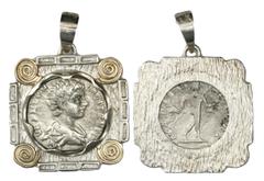 Coin Jewelry Roman Empire, AR denarius, Caracalla (as Caesar), 196-198 AD, Rome mint, under Septimius Severus, mounted head-side out in square silver bezel with silver bail and 14K gold rosettes in co