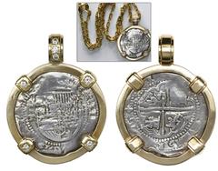 Coin Jewelry Potosi, Bolivia, cob 2 reales, Philip II, assayer B (1st period), Grade 1, ex-Atocha (1622), mounted shield-side out in 14K pendant with seven diamonds on prongs and bail, including 17" 1