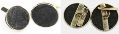 Coin Jewelry Pair of 18K gold cufflinks made from Roman Empire AE follis of Constantine I ("the Great"), 4th century AD. 8.52 grams total. Handsome pair of matching cufflinks using choice coins with c