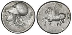 Ancient Coins Corinthia, Corinth, AR stater, ca. 330-300 BC, "pegasus." Calciati 417; Ravel 1027. 8.55 grams. Pegasus flying left with pointed wings, koppa below / Helmeted head of Athena left, gamma 
