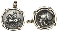 Coin Jewelry Corinth, Corinthia, AR stater, 330-300 BC, "pegasus," mounted pegasus-side out in 14K gold pendant bezel. 12.15 grams total. Bold full pegasus and helmeted head of Athena (upside-down in 