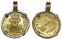 Coin Jewelry Byzantine Empire, AV solidus, Constans II (641-668 AD), mounted Christ-side out in 18K gold bezel. 7.83 grams total. Crowned and draped bust facing, with short beard, holding globus cruci