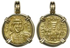 Coin Jewelry Byzantine Empire, AV solidus, Constantine IV (668-685 AD), Constantinople mint, mounted Christ-side out in 18K gold bezel. 7.52 grams total. Diademed, helmeted and cuirassed bust of Const
