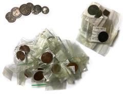 Shipwreck Coins Large lot of silver and copper coins and coin weights, mostly English and French but also including one Potosi cob 1R 1661E. Eclectic mix from two different wrecks, mostly 15th and 16t