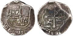 Mexico Silver Cobs Shield Type Mexico City, Mexico, cob 8 reales, Philip II, assayer F, mintmark as small figure-8 above M and same ornament in legends.S-M12; KM-43; Cal-664.27.29 grams.Thick and roun