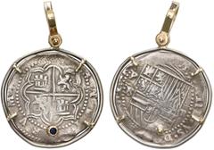 Coin Jewelry Potosi Silver Cobs Potosi, Bolivia, cob 2 reales, Philip II, assayer B (3rd period), mounted cross-side out in silver bezel with 14K gold shackle bail and small sapphire in 14K gold post 