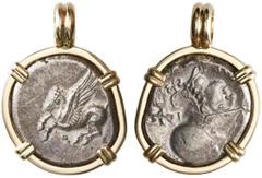 Coin Jewelry Ancient Coins Corinth, Corinthia, AR stater, 330-300 BC, "pegasus," mounted pegasus-side out in 14K gold bezel.12.38 grams total.Pegasos flying left / Helmeted head of Athena left with sm