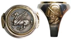 Coin Jewelry Ancient Coins Corinth, Corinthia, AR stater, 330-300 BC, "pegasus," mounted pegasus-side out in silver men's ring (size 11) with 14K gold accents.25.28 grams total.Pegasos flying left / R