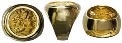 Coin Jewelry Ancient Coins Thrace, AV stater, Lysimachus, mid-3rd century BC, mounted head-side out in 18K men's gold ring (size 10).28.00 grams total.Diademed head of the deified Alexander right, wit