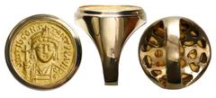 Coin Jewelry Ancient Coins Byzantine Empire, AV solidus, Tiberius II Constantine (578-582 AD), Constantinople mint, mounted bust-side out in 14K gold men's ring (size 10-1/4).15.88 grams total.Crowned