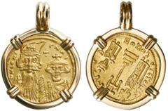 Coin Jewelry Ancient Coins Byzantine Empire, AV solidus, Constans II (641-668 AD), mounted in 18K gold bezel.8.40 grams total.Crowned and draped facing busts of Constans and Constantine; cross above /