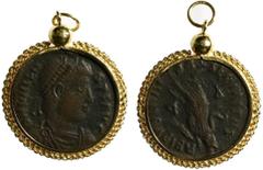 Online Session: Coin Jewelry Ancient Coins Roman Empire, AE 3, Valens, 364-378 AD, Thessalonica mint, mounted head-side out in non-custom 18K gold rope-chain bezel.3.44 grams.Pearl-diademed, draped an