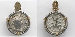 Coin Jewelry Roman Empire, AR antoninianus, Gordian III (238-244 AD), mounted bust-side out in silver bezel with 14K gold prongs and shackle bail with ornamented front.6.87 grams total.Laureate, drape