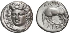 Ancient Coins Thessaly, Larissa, AR didrachm, 350-325 BC. BCD Thessaly II 316-319. 5.93 grams. Head of the nymph Larissa facing slightly left, with hair in ampyx / Horse right, preparing to lie down. 
