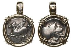 Coin Jewelry Corinth, Corinthia, AR stater, "pegasus," ca. 375-300 BC, mounted pegasus-side out in heavy 14K gold bezel with fixed bail set with three diamonds (.15ct). 15.70 grams total. Pegasus flyi