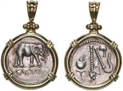 Coin Jewelry Roman Republic, AR denarius, Julius Caesar, military mint traveling with Caesar, ca.49 BC, mounted elephant-side out in 14K gold bezel and shackle bail. 8.84 grams total. Elephant advanci