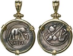 Coin Jewelry Roman Imperatorial, AR denarius, Julius Caesar, military mint traveling with Caesar mounted in 18K pendant with shackle bail. 9.29 grams total. Elephant advancing right, trampling on horn