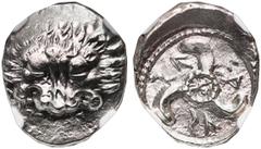 Ancient Coins Dynasts of Lycia, AR 1/3 stater, Vekhssere II, ca. 410-380 BC, NGC XF. SNG Copenhagen Supp. 468; Podalia 9. Facing lion scalp / Triskeles; monogram in center WE-XS-SE (in Lycian) around.