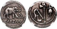 Ancient Coins Roman Imperatorial, AR denarius, Julius Caesar, military mint traveling with Caesar, ca. 44 BC, NGC VF, strike 5/5, surface 3/5. Crawford 443/1. 3.77 grams Elephant advancing right, tram