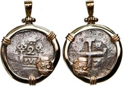 Coin Jewelry Lima, Peru, cob 2 reales, Philip V or Louis I (date and assayer not visible), ex-Princess Louisa (1743), mounted cross-side out in 14K gold pendant with shackle bail and pirate-face embel