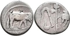 Gaius Iulius Caesar (49/48 v.Chr.): AR-Denar, 3,54 g, Feldmünzstätte Caesars 49 - 48, Spanien oder Gallien. Elefant mit erhobenem Rüssel zertritt Schlange/Drache, im Abschnitt CAESAR / Opfergeräte. Se