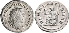 Philippus I. Arabs (244 - 249): Antoninian, drapierte und gepanzerte Büste mit Strahlenkrone nach rechts IMP M IVL PHILIPPVS AVG Roma auf Thron sitzend, hält Victory und Speer / Zepter ROMAE AETERNAE.