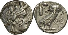 Griechische Münzen: Attika, Athen: Tetradrachme, 17,03 g, 406-393 v. Athenakopf r., mit 2 Gegenstempeln // Eule r. kleine Prüfbohrung, Gegenstempel. Vgl. SNG France 1454. knapp ss.