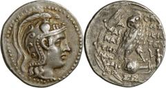 Griechische Münzen: Attika, Athen: Tetradrachme ”neuer Stil”, 16,69 g, 2. Hälfte 2. Jh. v. Athenakopf r. // Eule auf Amphora stehend, re. Demeter mit 2 Fackeln. Magistrate Charinautes, Aristeas, Diony